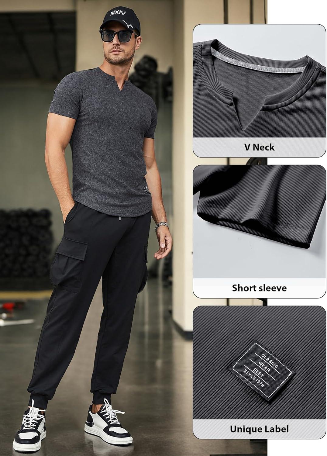 imageJMIERR Mens Muscle Slim T Shirts Texture V Neck Longline Henley Gym Workout Athletic Tee ShirtPackwhiteGrey