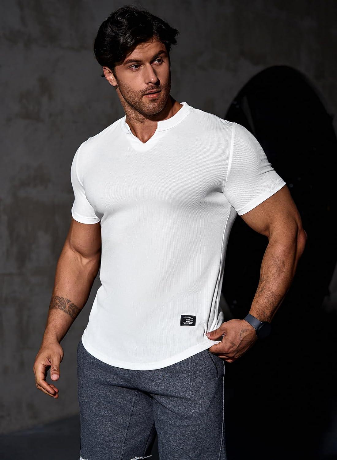 imageJMIERR Mens Muscle Slim T Shirts Texture V Neck Longline Henley Gym Workout Athletic Tee ShirtPackwhiteWhite