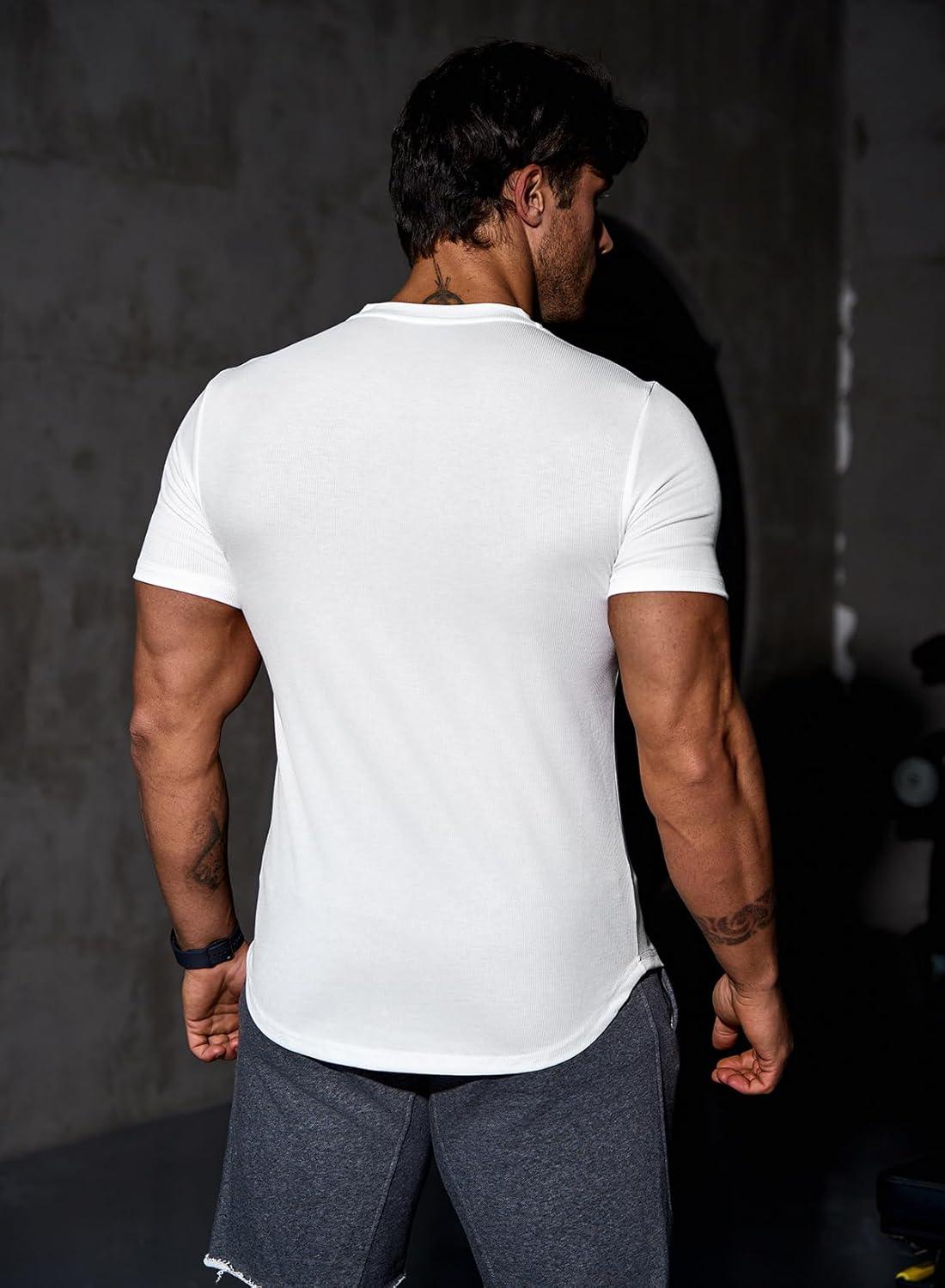imageJMIERR Mens Muscle Slim T Shirts Texture V Neck Longline Henley Gym Workout Athletic Tee ShirtPackwhiteWhite
