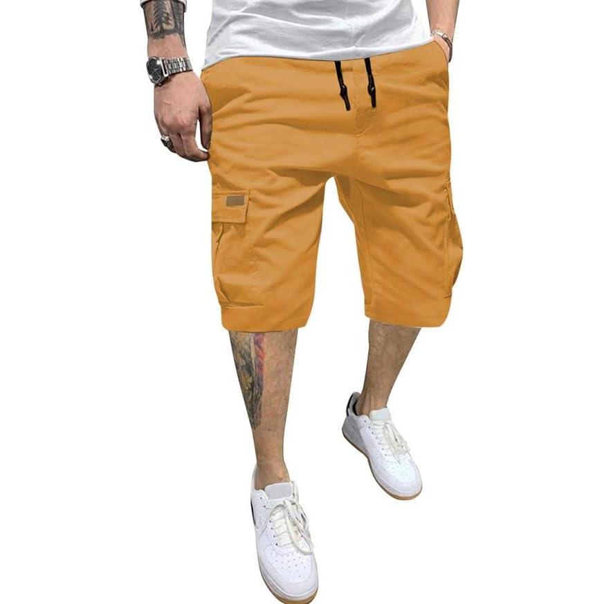 imageJMIERR Mens Casual Cotton Twill Cargo Shorts Drawstring Classic Chino Stretch Short with 6 PocketsYellow