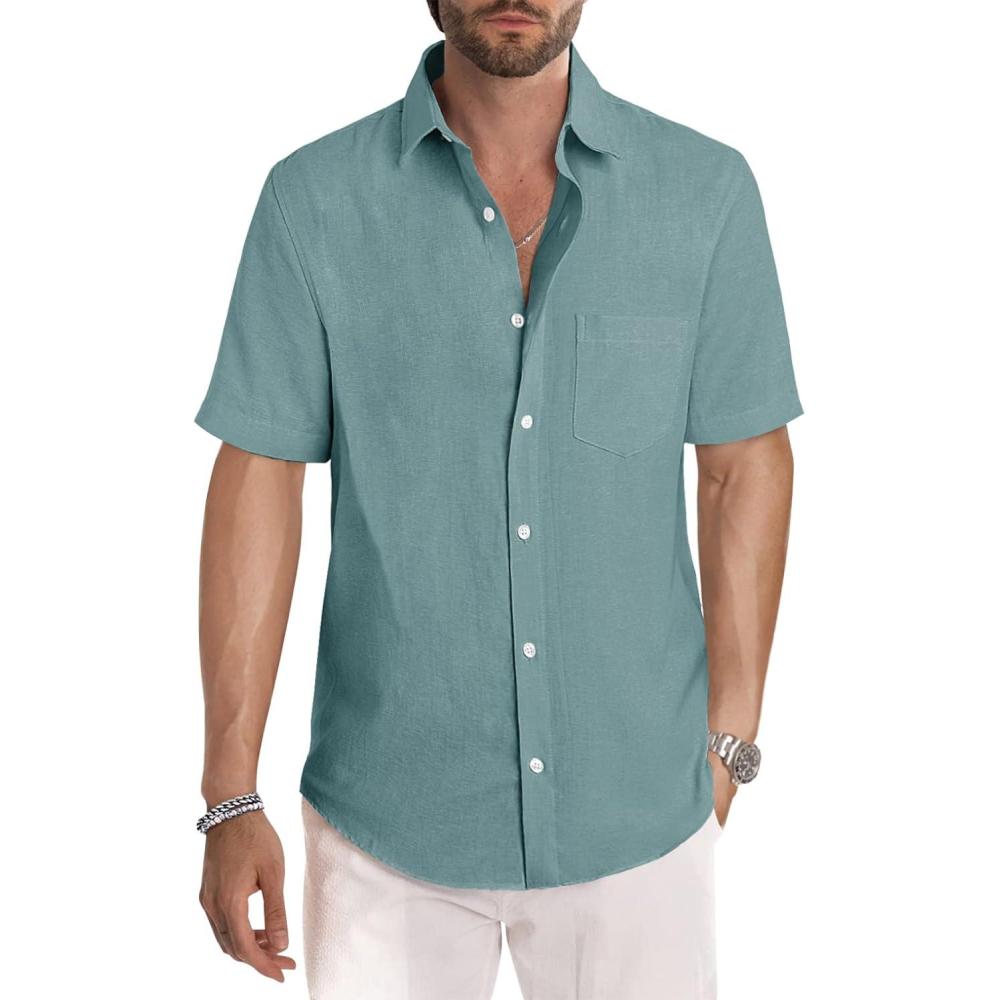 imageJMIERR Mens Casual Stylish Short Sleeve ButtonUp Striped Dress Shirt Cotton Beach ShirtsB Green2