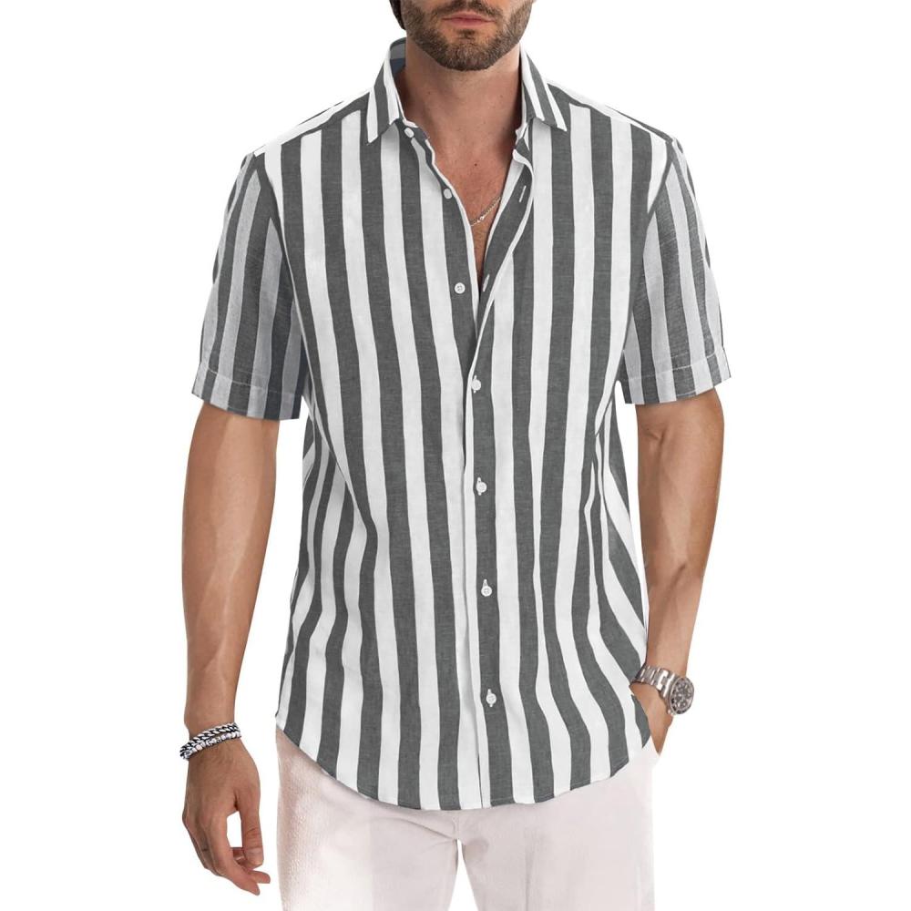 imageJMIERR Mens Casual Stylish Short Sleeve ButtonUp Striped Dress Shirt Cotton Beach ShirtsBlack Stripe