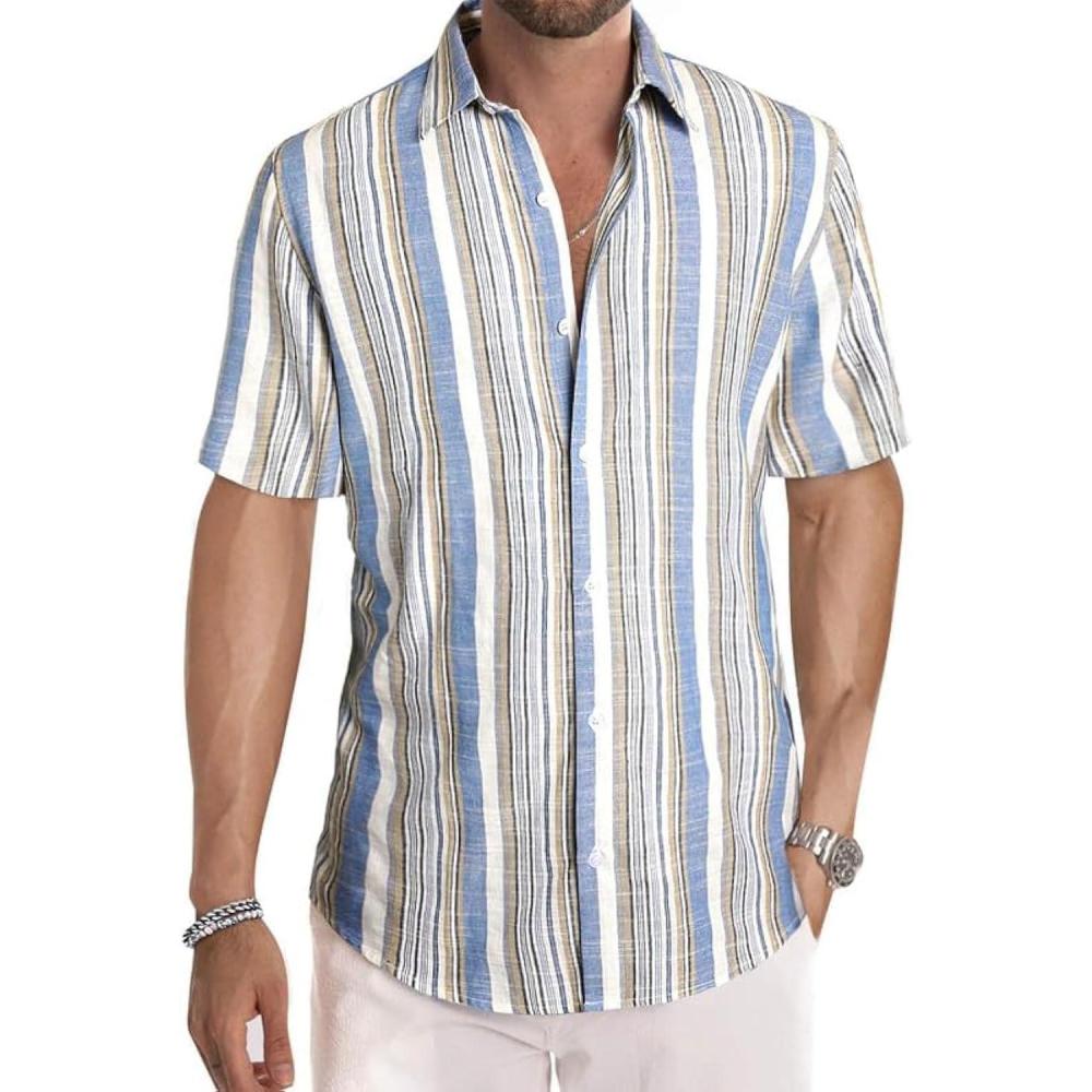 imageJMIERR Mens Casual Stylish Short Sleeve ButtonUp Striped Dress Shirt Cotton Beach ShirtsBlue Stripe