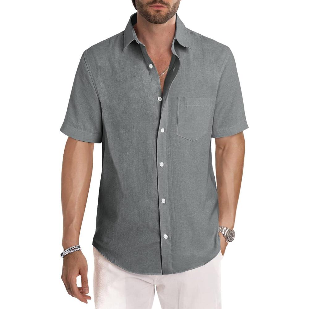 imageJMIERR Mens Casual Stylish Short Sleeve ButtonUp Striped Dress Shirt Cotton Beach ShirtsDark Grey