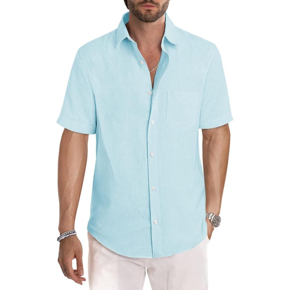 imageJMIERR Mens Casual Stylish Short Sleeve ButtonUp Striped Dress Shirt Cotton Beach ShirtsLight Blue