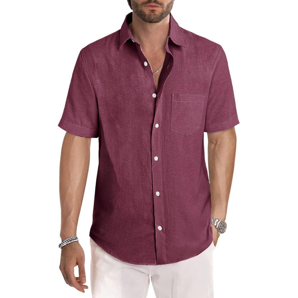 imageJMIERR Mens Casual Stylish Short Sleeve ButtonUp Striped Dress Shirt Cotton Beach ShirtsPurplish Red