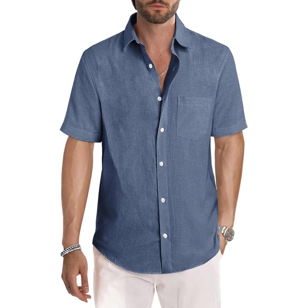 imageJMIERR Mens Casual Stylish Short Sleeve ButtonUp Striped Dress Shirt Cotton Beach ShirtsSmog Blue