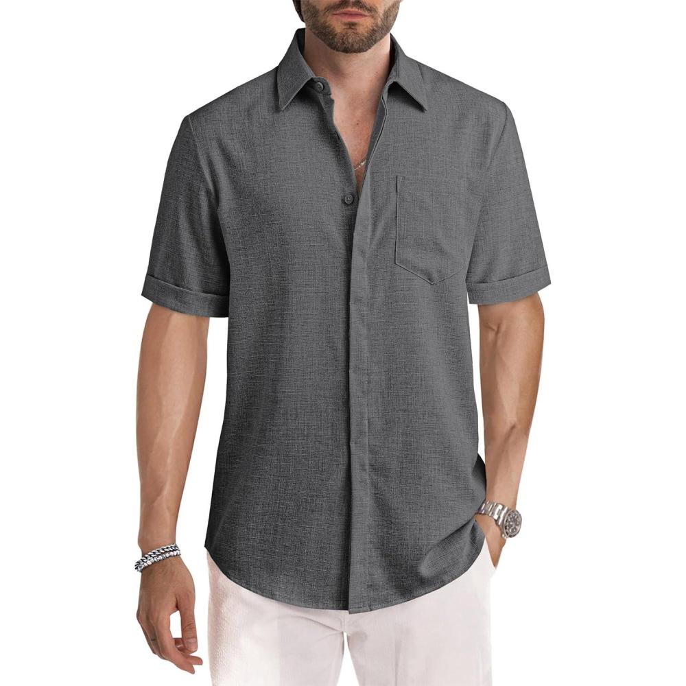 imageJMIERR Mens Casual Stylish Short Sleeve ButtonUp Striped Dress Shirt Cotton Beach ShirtsZ Medium Grey