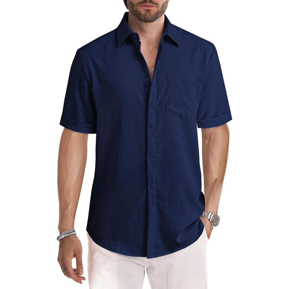 imageJMIERR Mens Casual Stylish Short Sleeve ButtonUp Striped Dress Shirt Cotton Beach ShirtsZ Navy Blue