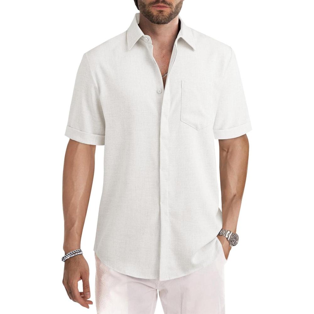 imageJMIERR Mens Casual Stylish Short Sleeve ButtonUp Striped Dress Shirt Cotton Beach ShirtsZ White