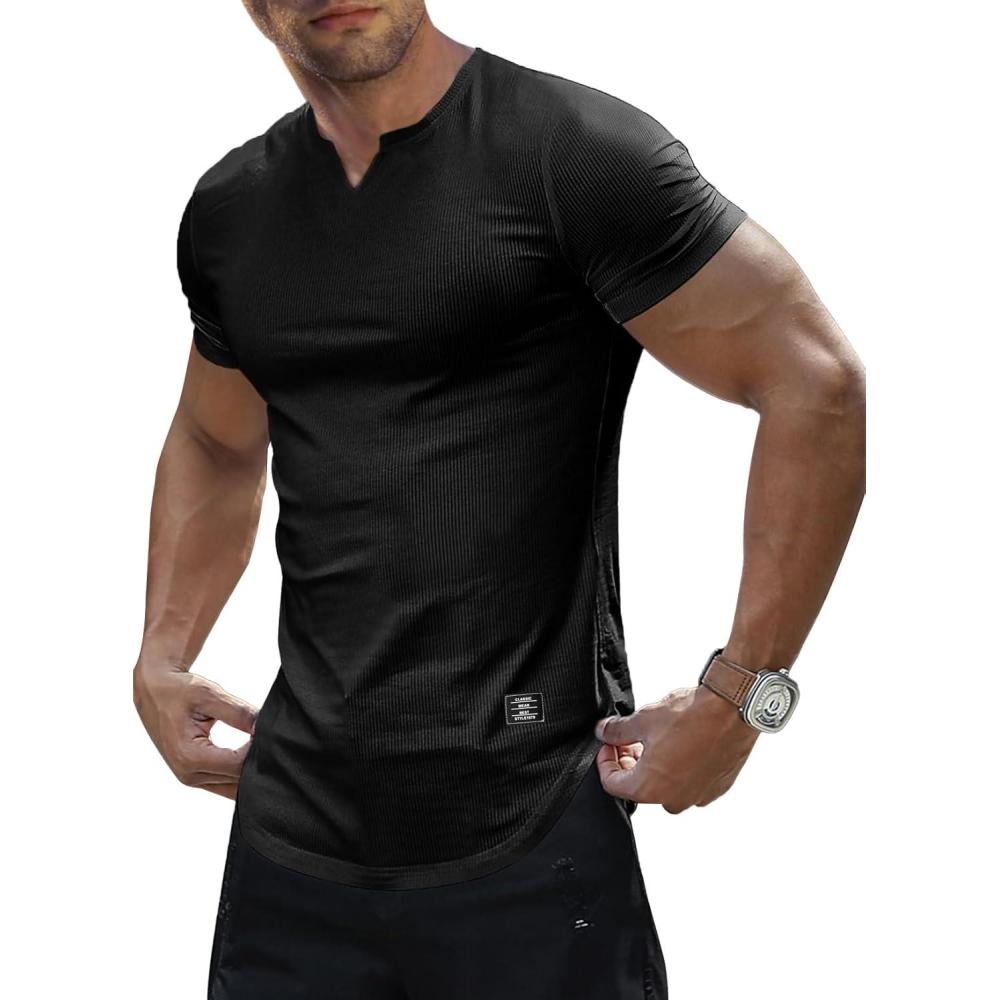 imageJMIERR Mens Muscle Slim T Shirts Texture V Neck Longline Henley Gym Workout Athletic Tee Shirt01 Black