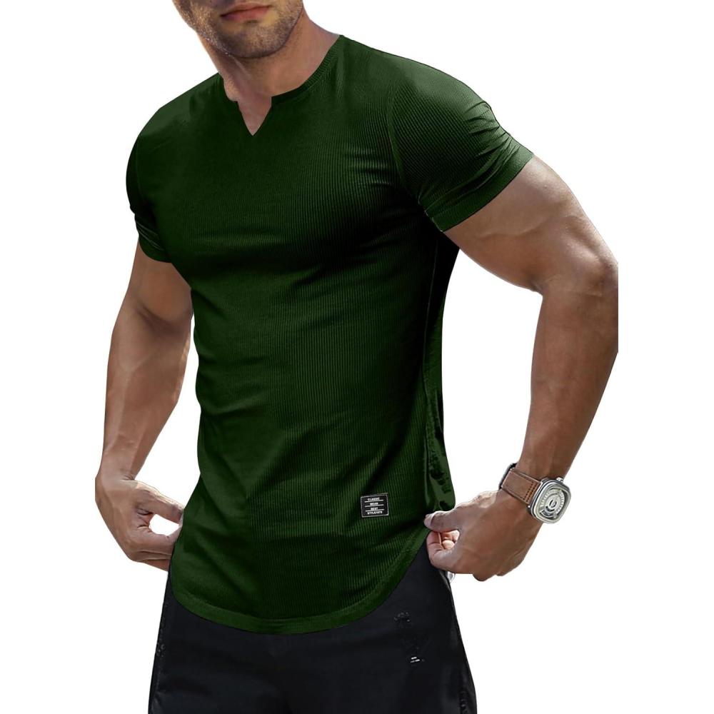 imageJMIERR Mens Muscle Slim T Shirts Texture V Neck Longline Henley Gym Workout Athletic Tee ShirtArmy Green