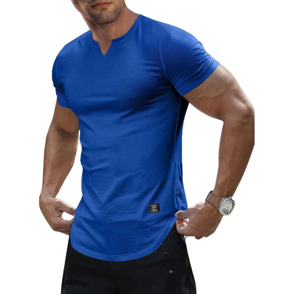 imageJMIERR Mens Muscle Slim T Shirts Texture V Neck Longline Henley Gym Workout Athletic Tee ShirtB Blue 2