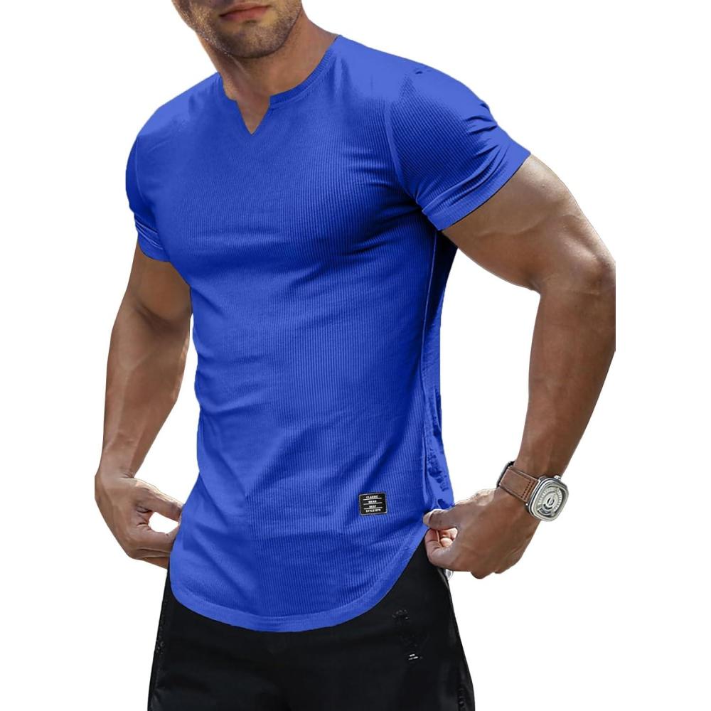 imageJMIERR Mens Muscle Slim T Shirts Texture V Neck Longline Henley Gym Workout Athletic Tee ShirtB Dark Blue