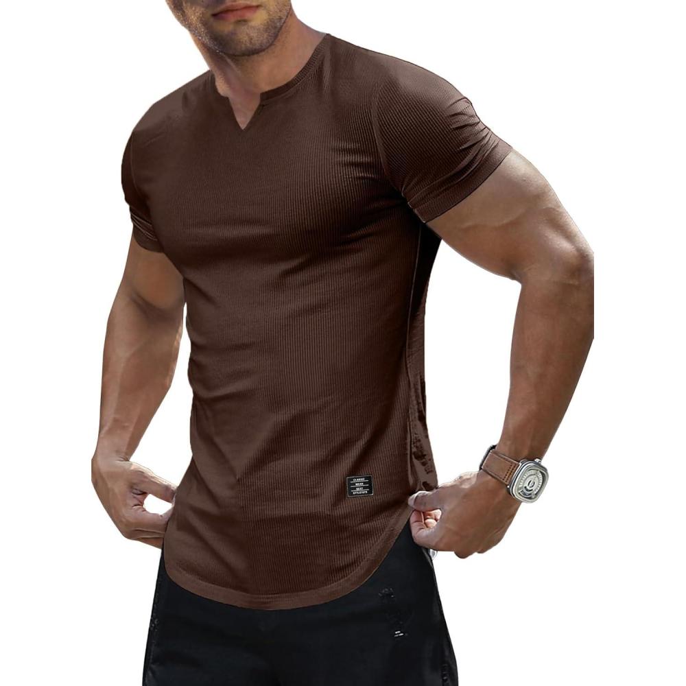 imageJMIERR Mens Muscle Slim T Shirts Texture V Neck Longline Henley Gym Workout Athletic Tee ShirtB Dark Brown