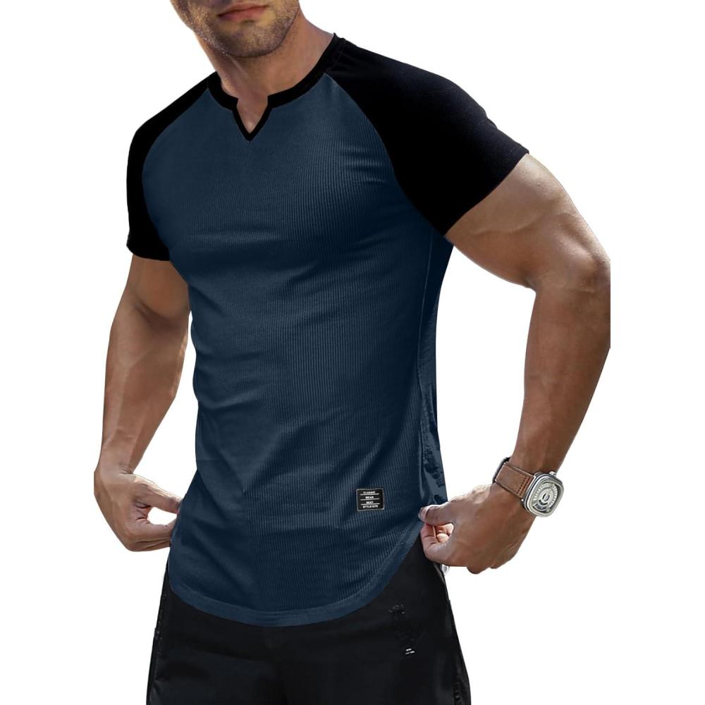 imageJMIERR Mens Muscle Slim T Shirts Texture V Neck Longline Henley Gym Workout Athletic Tee ShirtC Blue Black