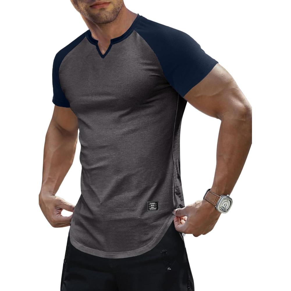 imageJMIERR Mens Muscle Slim T Shirts Texture V Neck Longline Henley Gym Workout Athletic Tee ShirtC Grey Blue
