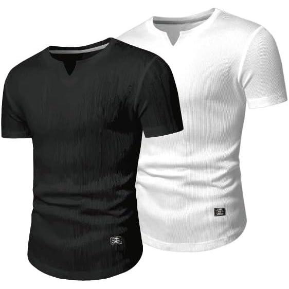 imageJMIERR Mens Muscle Slim T Shirts Texture V Neck Longline Henley Gym Workout Athletic Tee ShirtPackblackWhite