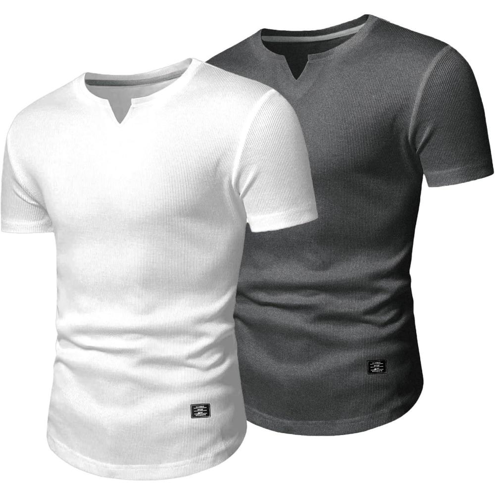 imageJMIERR Mens Muscle Slim T Shirts Texture V Neck Longline Henley Gym Workout Athletic Tee ShirtPackwhiteGrey
