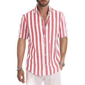 JMIERR Men’s Casual Stylish Short Sleeve Button-Up Striped Dress Shirt Cotton Beach Shirts(A Red)