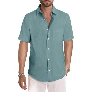 JMIERR Men’s Casual Stylish Short Sleeve Button-Up Striped Dress Shirt Cotton Beach Shirts(B Green2)