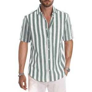 JMIERR Men’s Casual Stylish Short Sleeve Button-Up Striped Dress Shirt Cotton Beach Shirts(Grey Green Stripe)