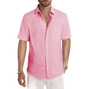 JMIERR Men’s Casual Stylish Short Sleeve Button-Up Striped Dress Shirt Cotton Beach Shirts(Pink)