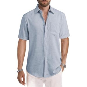 JMIERR Men’s Casual Stylish Short Sleeve Button-Up Striped Dress Shirt Cotton Beach Shirts(Z Beau Blue)
