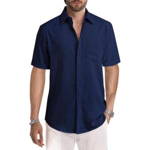 JMIERR Men’s Casual Stylish Short Sleeve Button-Up Striped Dress Shirt Cotton Beach Shirts(Z Navy Blue)