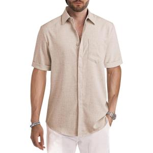 JMIERR Men’s Casual Stylish Short Sleeve Button-Up Striped Dress Shirt Cotton Beach Shirts(Z Parchment)