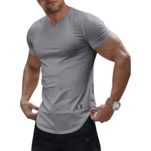 JMIERR Mens Muscle Slim T Shirts Texture V Neck Longline Henley Gym Workout Athletic Tee Shirt(A Grey)