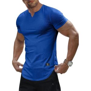 JMIERR Mens Muscle Slim T Shirts Texture V Neck Longline Henley Gym Workout Athletic Tee Shirt(B Blue 2)