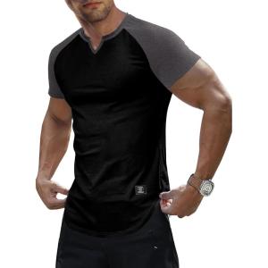 JMIERR Mens Muscle Slim T Shirts Texture V Neck Longline Henley Gym Workout Athletic Tee Shirt(C Black & Grey)