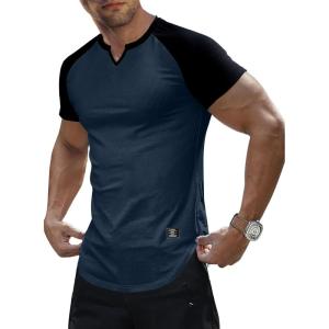 JMIERR Mens Muscle Slim T Shirts Texture V Neck Longline Henley Gym Workout Athletic Tee Shirt(C Blue & Black)