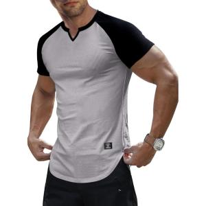JMIERR Mens Muscle Slim T Shirts Texture V Neck Longline Henley Gym Workout Athletic Tee Shirt(C Grey & Black)