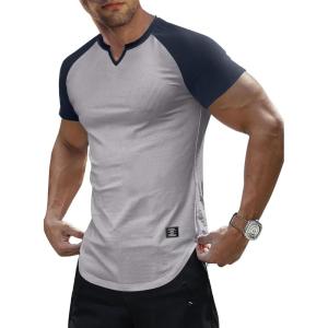JMIERR Mens Muscle Slim T Shirts Texture V Neck Longline Henley Gym Workout Athletic Tee Shirt(C Light Grey & Blue)