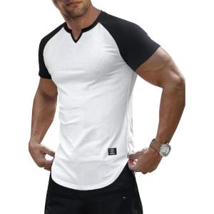 JMIERR Mens Muscle Slim T Shirts Texture V Neck Longline Henley Gym Workout Athletic Tee Shirt(C White & Black)
