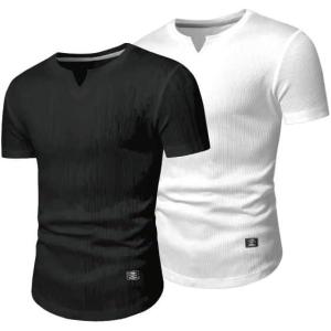 JMIERR Mens Muscle Slim T Shirts Texture V Neck Longline Henley Gym Workout Athletic Tee Shirt(Pack-black/White)