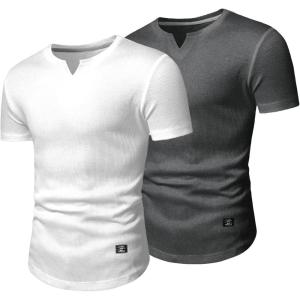 JMIERR Mens Muscle Slim T Shirts Texture V Neck Longline Henley Gym Workout Athletic Tee Shirt(Pack-white/Grey)