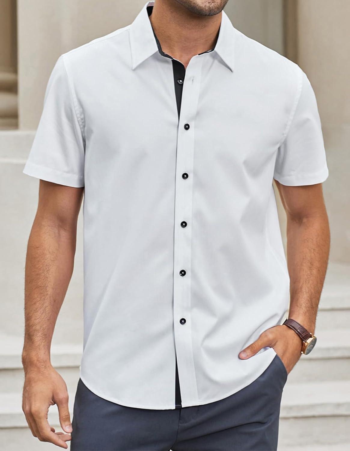 imageJMIERR Mens Casual Button Down Shirts WrinkleFree Short Sleeve Business Dress ShirtWhite