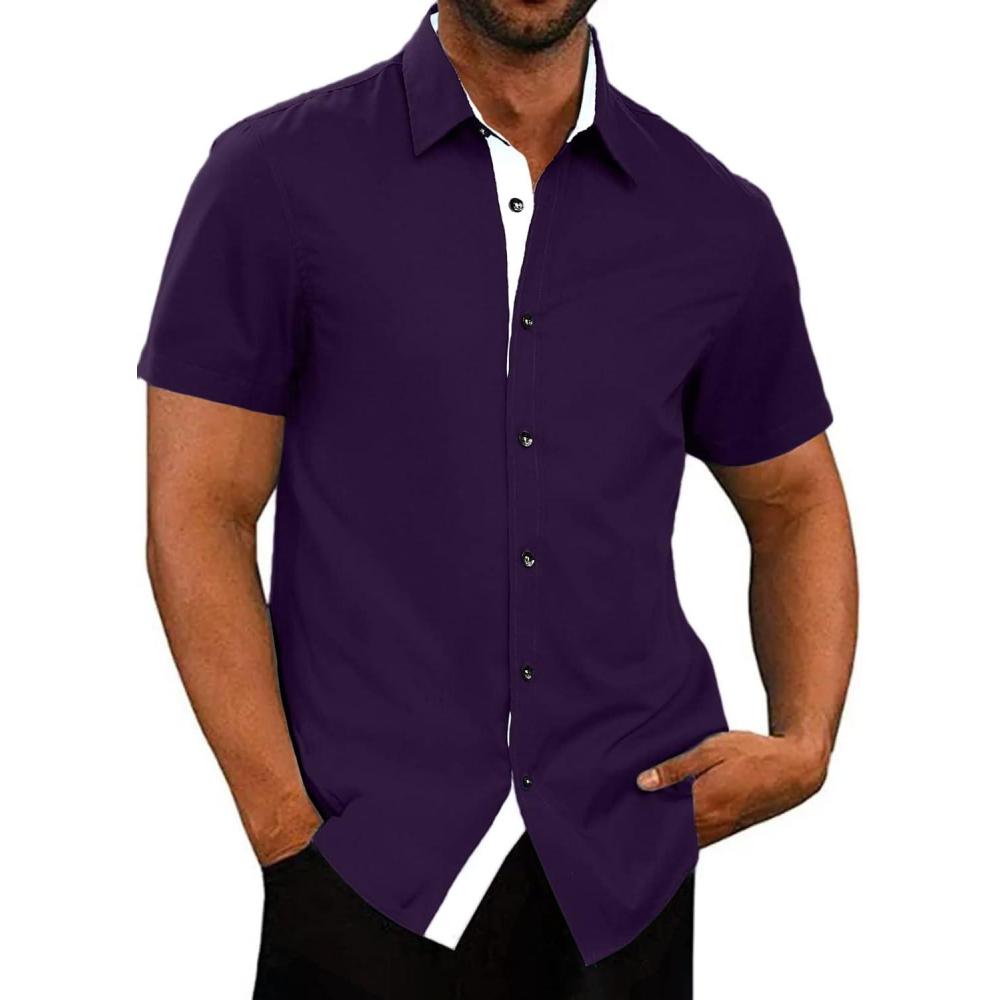 imageJMIERR Mens Casual Button Down Shirts WrinkleFree Short Sleeve Business Dress ShirtDark Purple