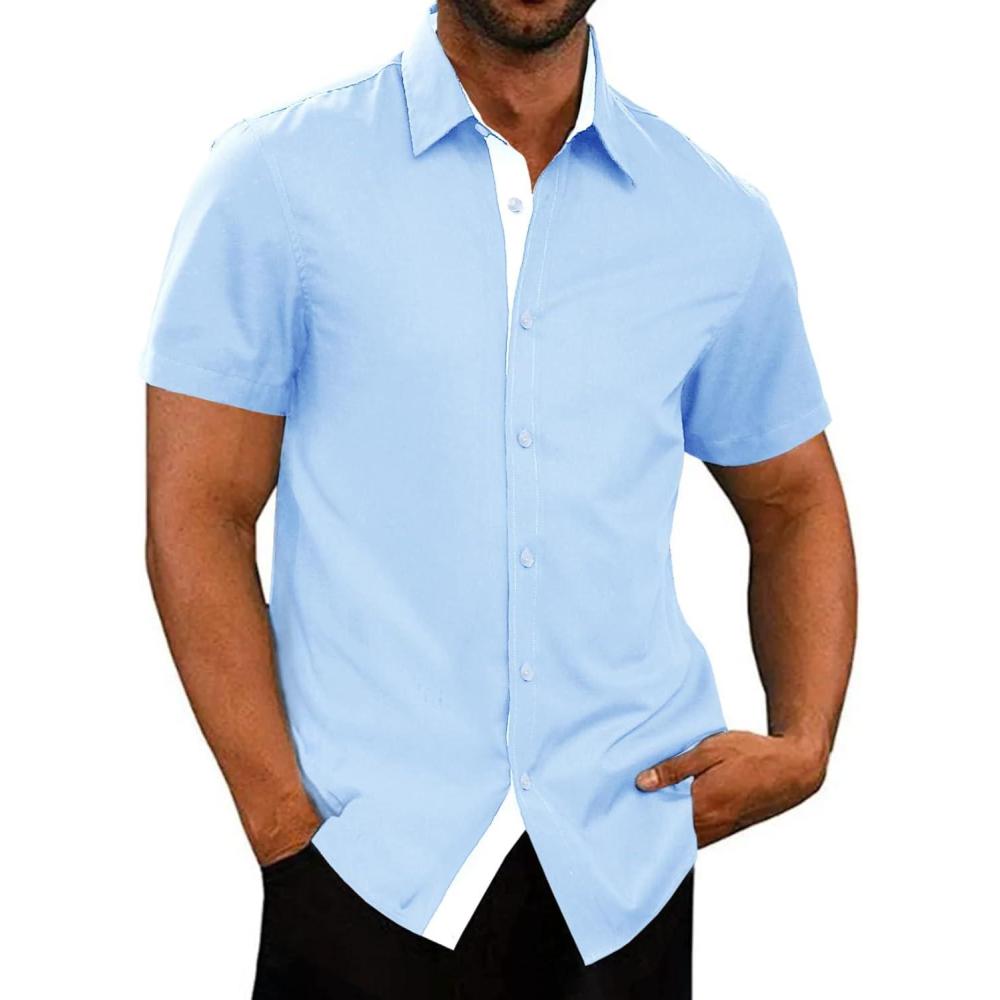 imageJMIERR Mens Casual Button Down Shirts WrinkleFree Short Sleeve Business Dress ShirtSky Blue