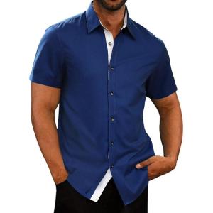 JMIERR Men’s Casual Button Down Shirts Wrinkle-Free Short Sleeve Business Dress Shirt(Blue)