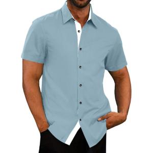 JMIERR Men’s Casual Button Down Shirts Wrinkle-Free Short Sleeve Business Dress Shirt(Light Blue)