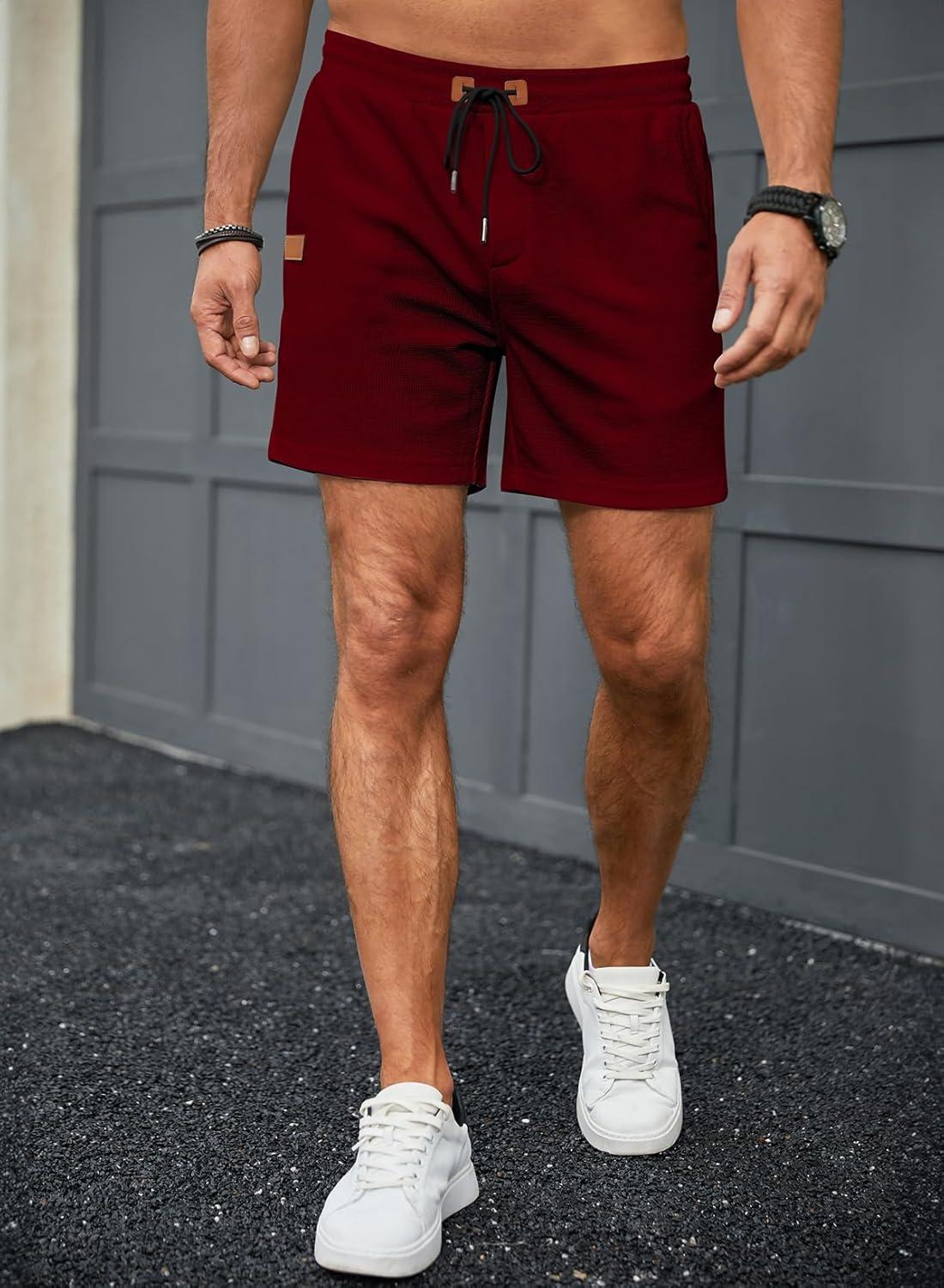 imageJMIERR Mens Casual 5quot 7quot Shorts Waffle Elastic Waist Drawstring Workout Running Jogging Beach Sweat Shorts with PocketsRed