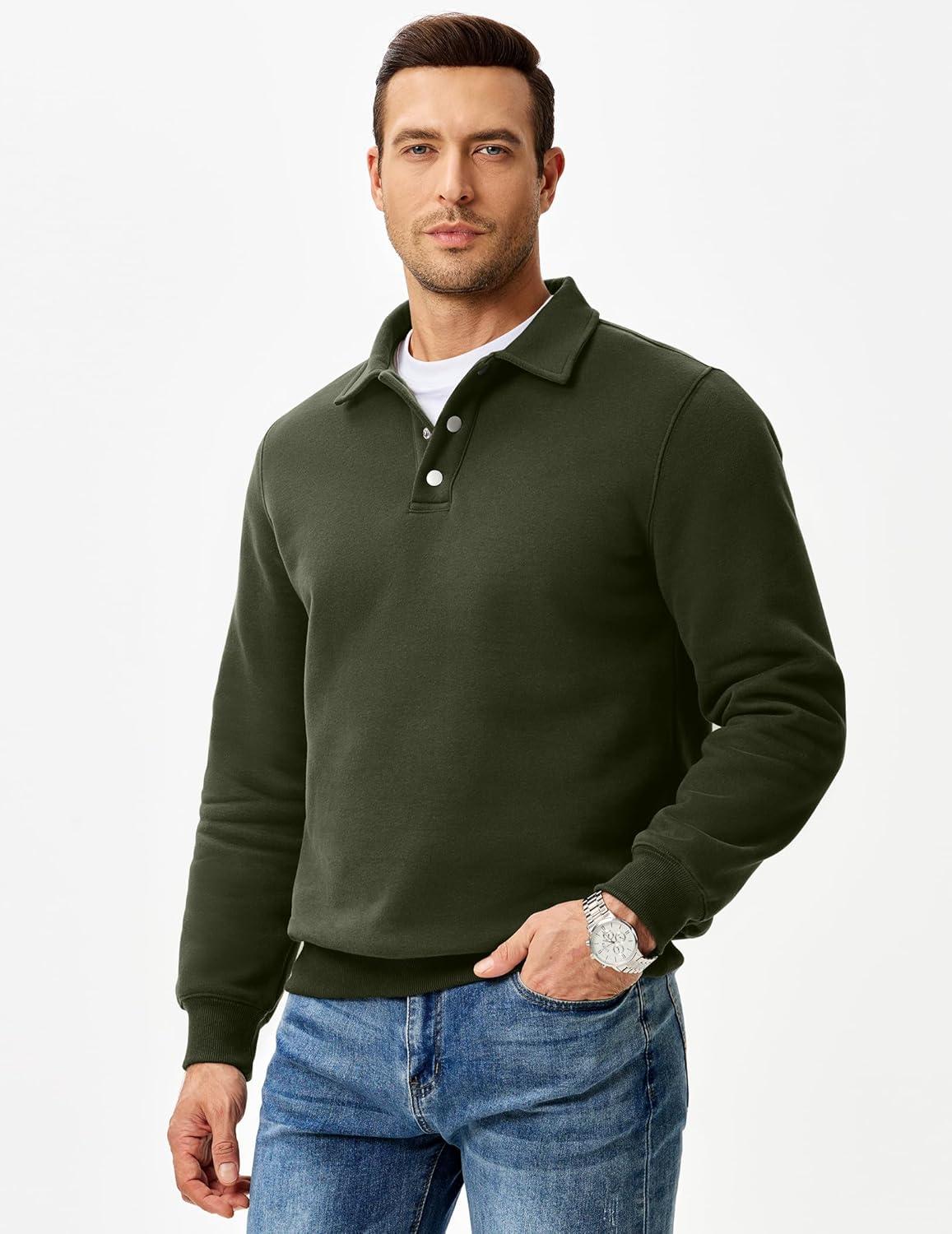imageJMIERR Mens Casual Cotton Polo Sweatshirts Long Sleeve Button Collared Pullover ShirtsGreen
