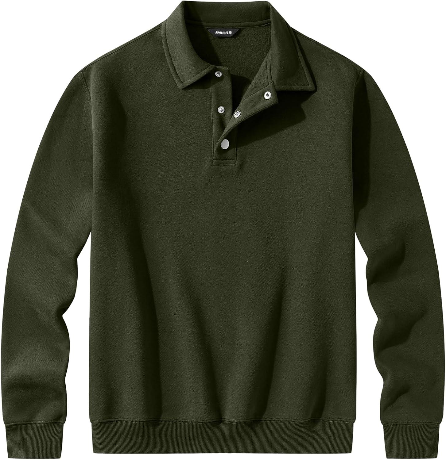 imageJMIERR Mens Casual Cotton Polo Sweatshirts Long Sleeve Button Collared Pullover ShirtsGreen