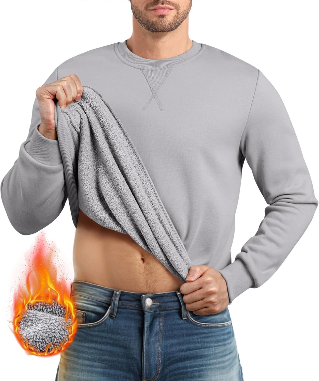 imageJMIERR Mens Cotton Sherpa Lined Sweatshirts Casual Fleece Long Sleeve Crewneck Fall Winter Pullover ShirtsLight Grey