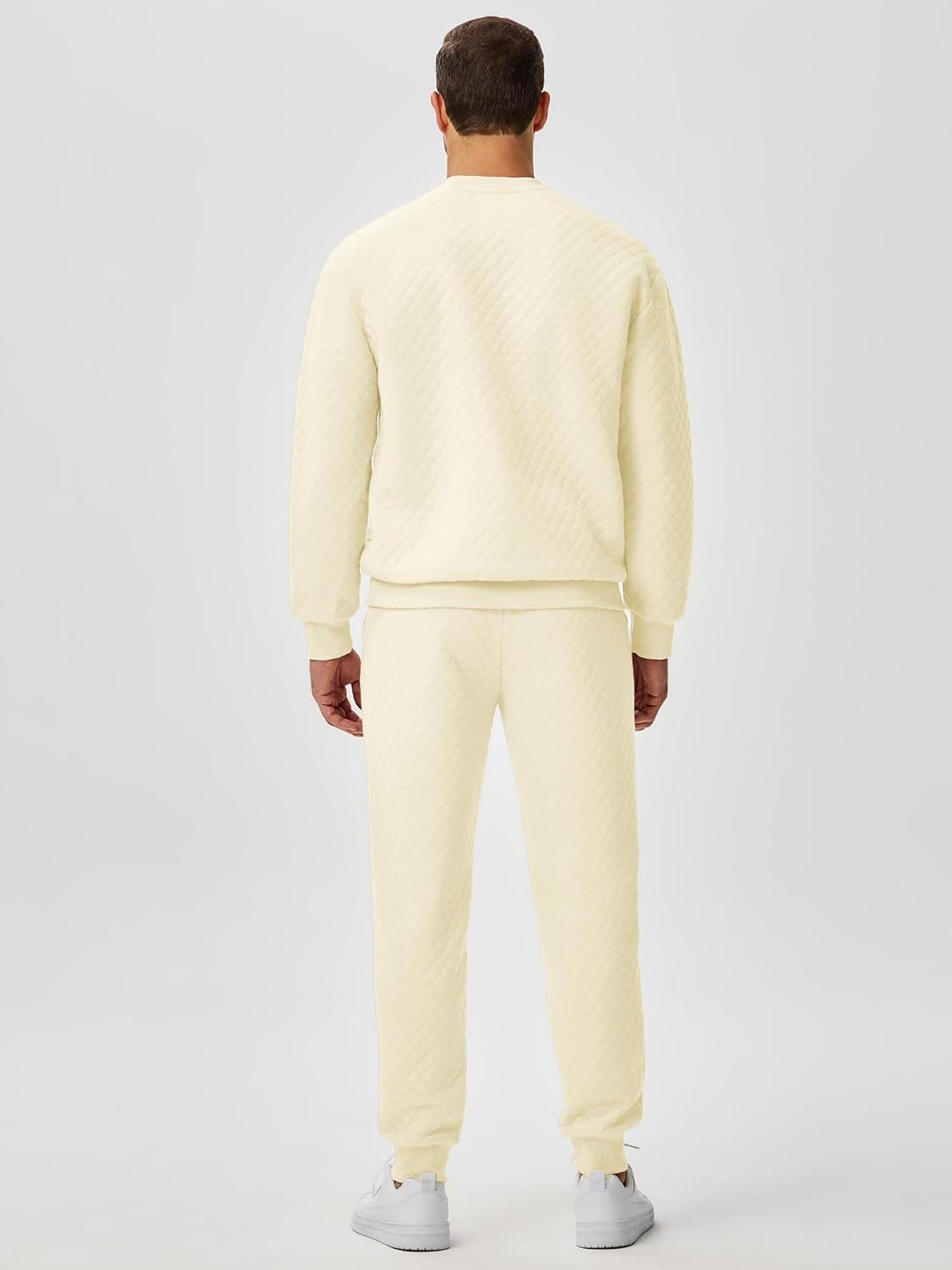 imageJMIERR Mens Quilted 2 Piece Casual Outfits Crewneck Sweatshirt Tracksuit ampamp Joggers Sweatpants Sweatsuit SetApricot