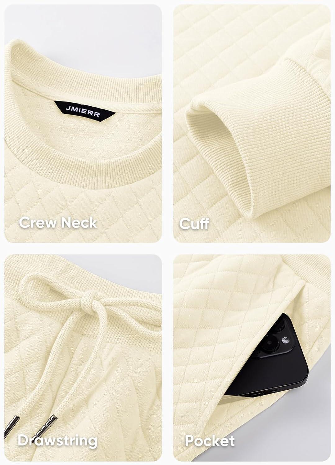 imageJMIERR Mens Quilted 2 Piece Casual Outfits Crewneck Sweatshirt Tracksuit ampamp Joggers Sweatpants Sweatsuit SetApricot